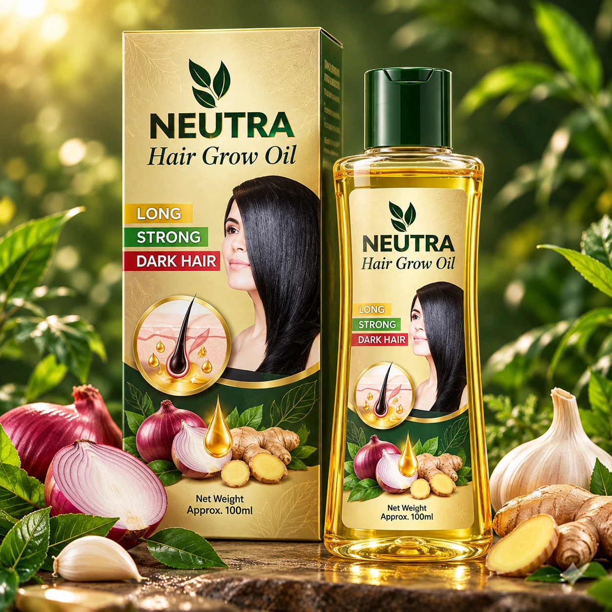 Nutra Hair Grow Oil 100ml bottle with herbal packaging